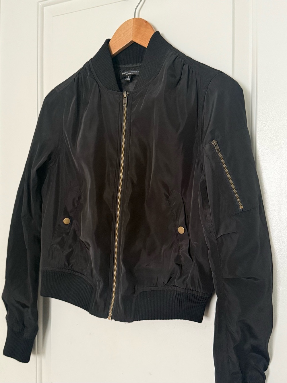 Women's Black Bomber Jacket with Gold Hardware
